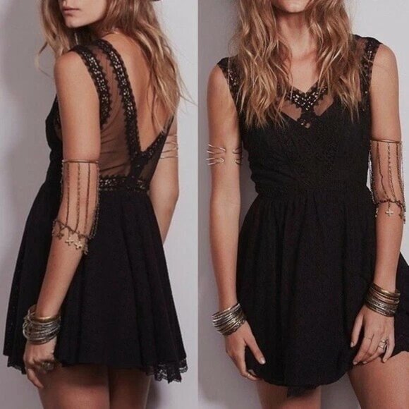 Free People Dresses & Skirts - Free People Victoria Black Lace Semi-sheer Mini Dress Size 2
